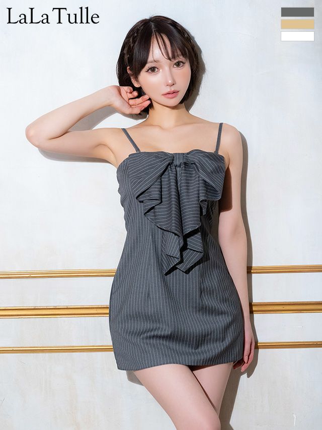 【取り寄せ商品】Angel-R エンジェルアール 高級 ブランド Aラインミニドレス 谷間 シンプル キャミソール ストライプデザイン 2way ベアトップ フロントリボンの画像