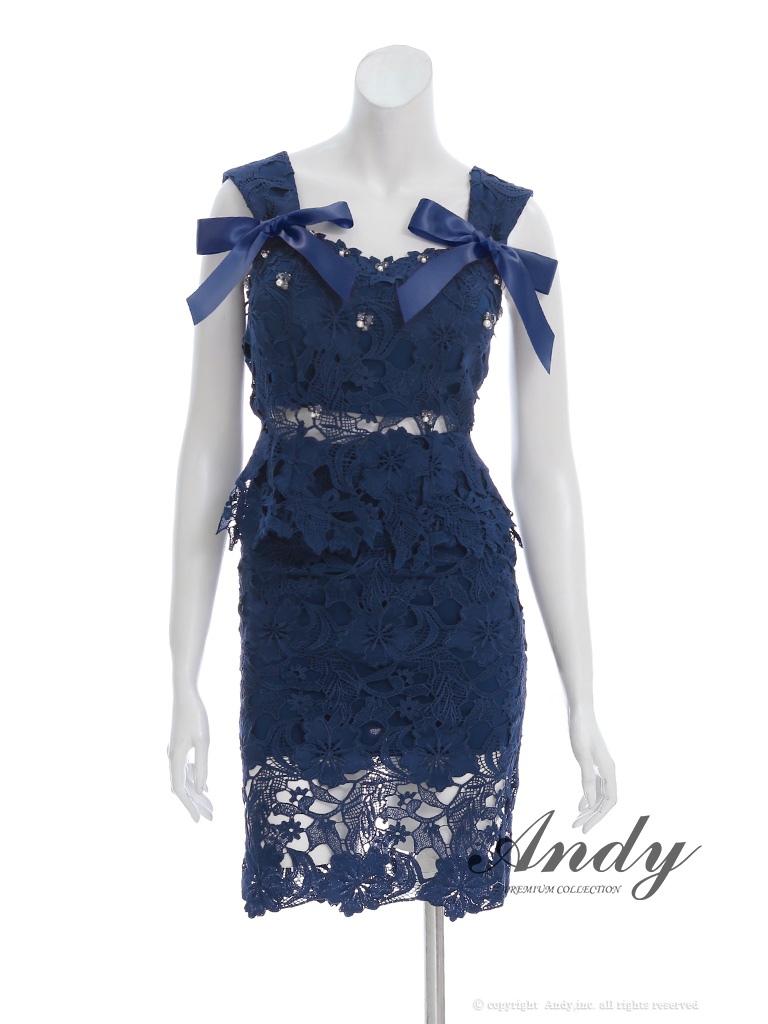 【取り寄せ商品】andy アンディ 高級 ワンカラー 花柄 レース セットアップ リボン ビジュー ノースリーブ 膝丈ドレスの画像