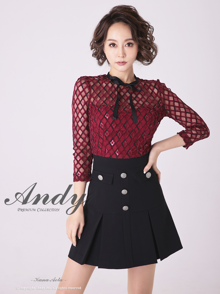 【取り寄せ商品】Andy アンディ レース 袖あり ネックリボン フレア ミニドレスの画像