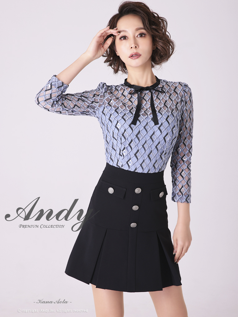 【取り寄せ商品】Andy アンディ レース 袖あり ネックリボン フレア ミニドレスの画像