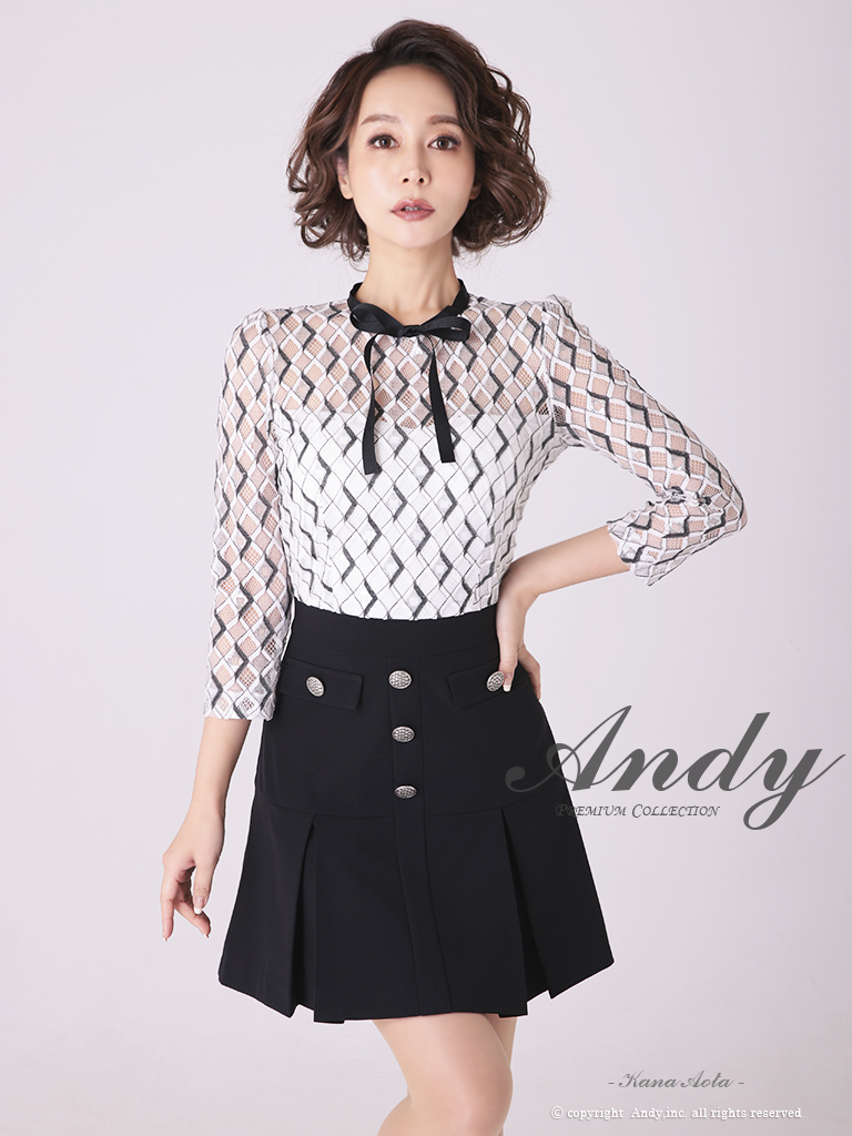 【取り寄せ商品】Andy アンディ レース 袖あり ネックリボン フレア ミニドレスの画像