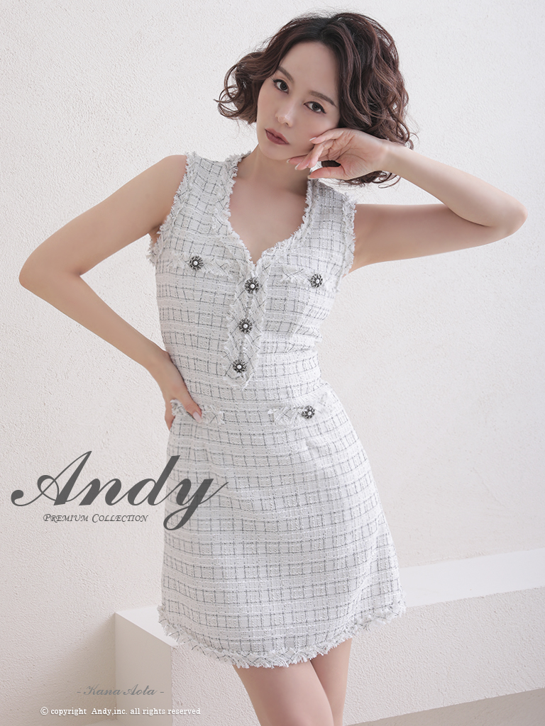 【取り寄せ商品】Andy アンディ チェック柄 ツイード ノースリーブ フリンジ ボタン フレア ミニドレスの画像