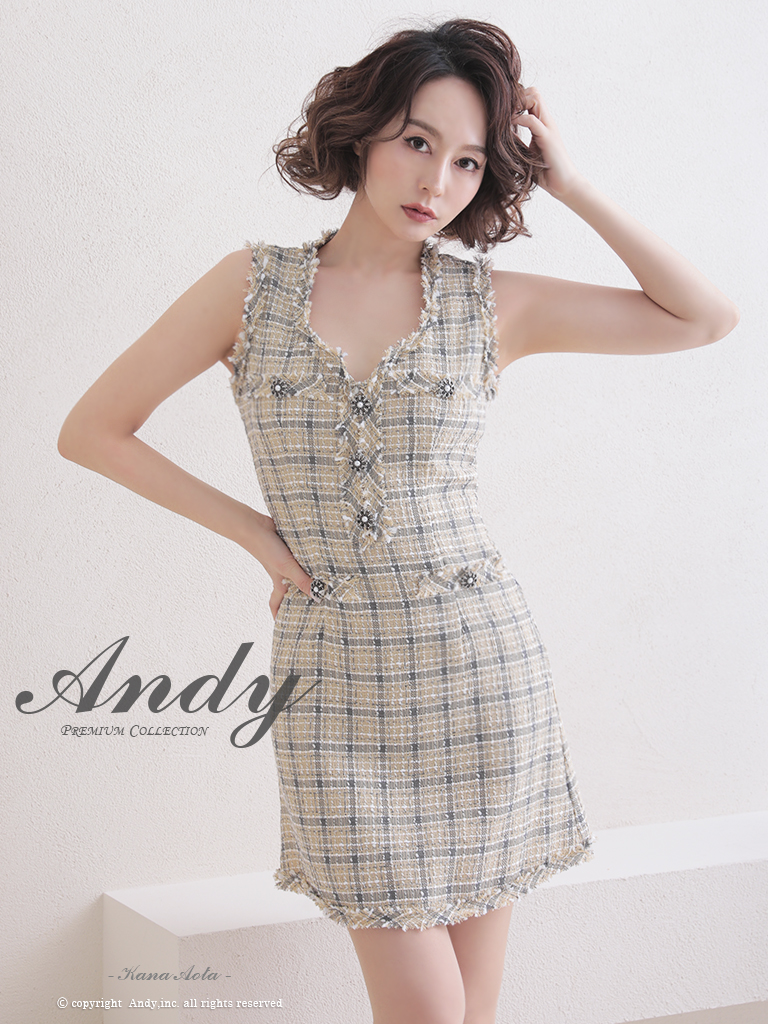 【取り寄せ商品】Andy アンディ チェック柄 ツイード ノースリーブ フリンジ ボタン フレア ミニドレスの画像