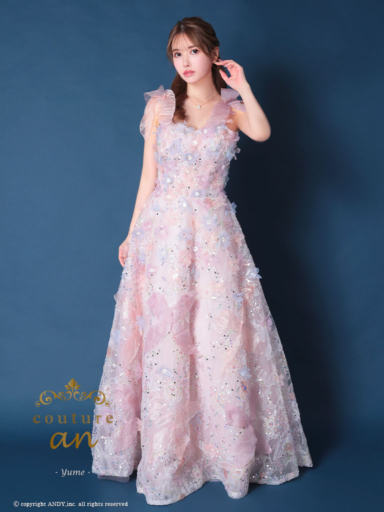 【取り寄せ商品】couturean クチュールアン 高級 ノースリーブ リボン 立体フラワー スパンコール ラメ バースデー Aライン キャバドレスの画像