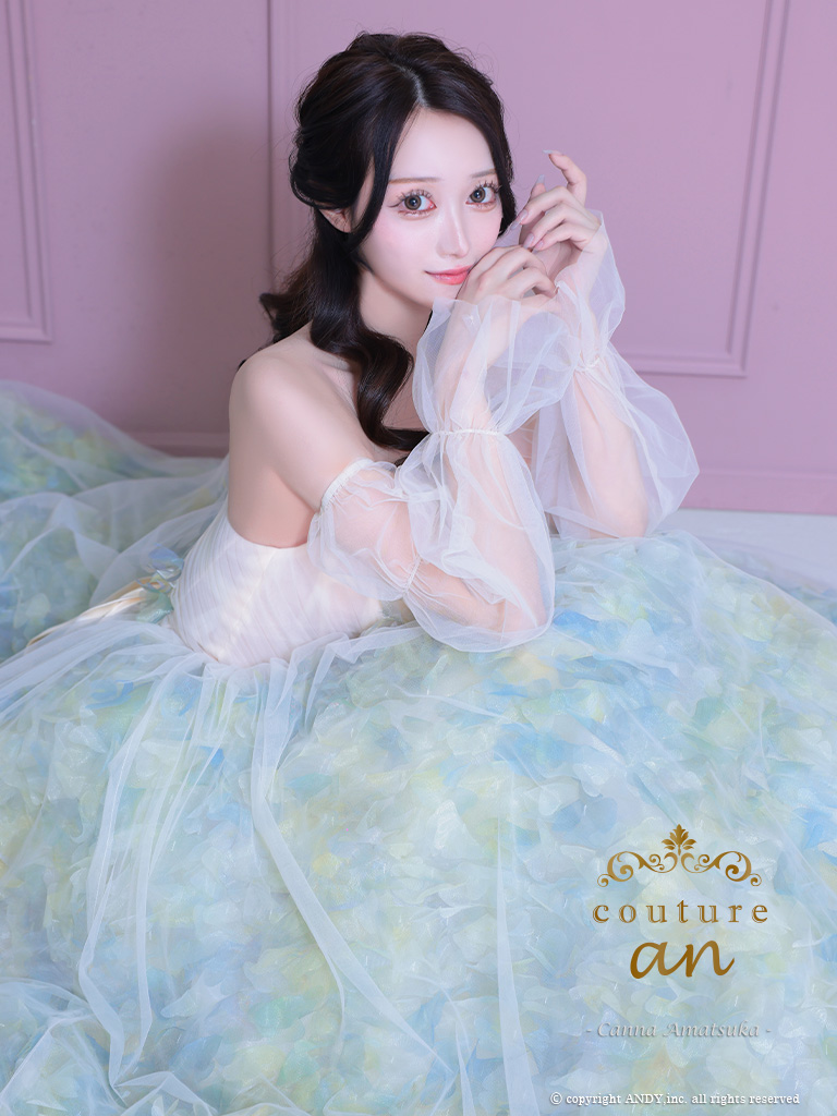【取り寄せ商品】couturean クチュールアン 高級 ベアトップ 2way 袖あり フラワー シアー チュール バースデー フレア ロング キャバドレスの画像