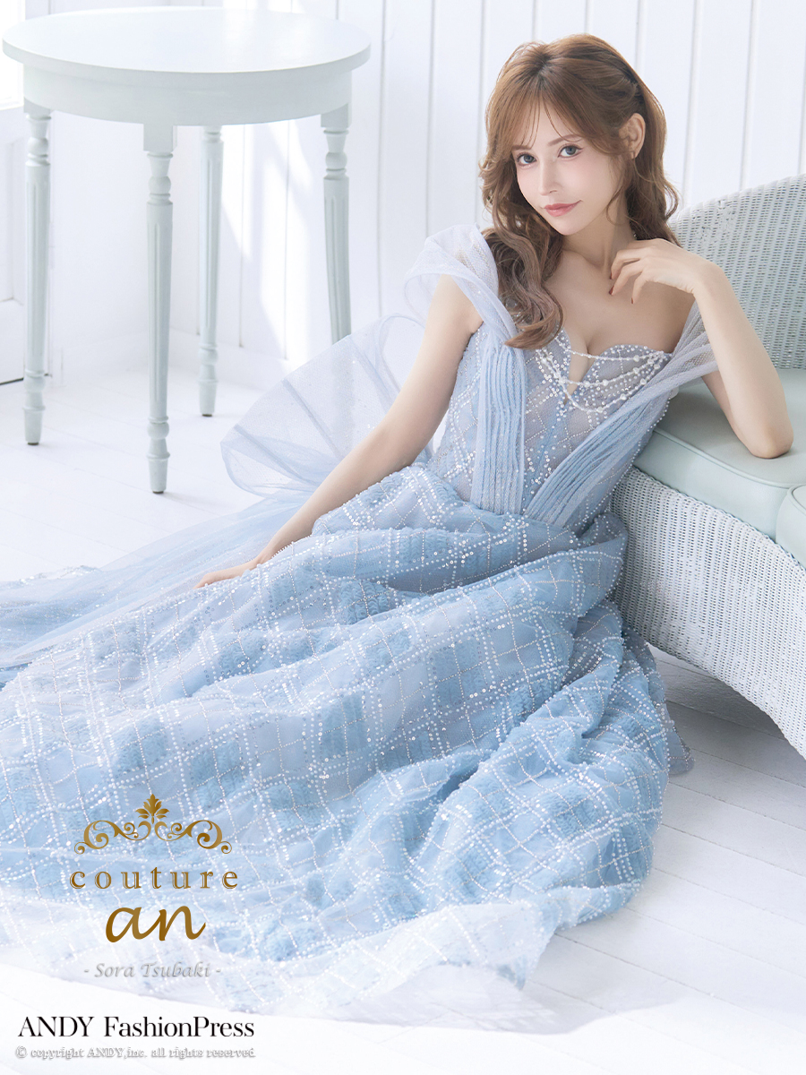 【取り寄せ商品】couturean クチュールアン 高級 ベアトップ ビジュー チェック ビジューチェーン シアー バストカット バースデー Aライン ロング キャバドレスの画像