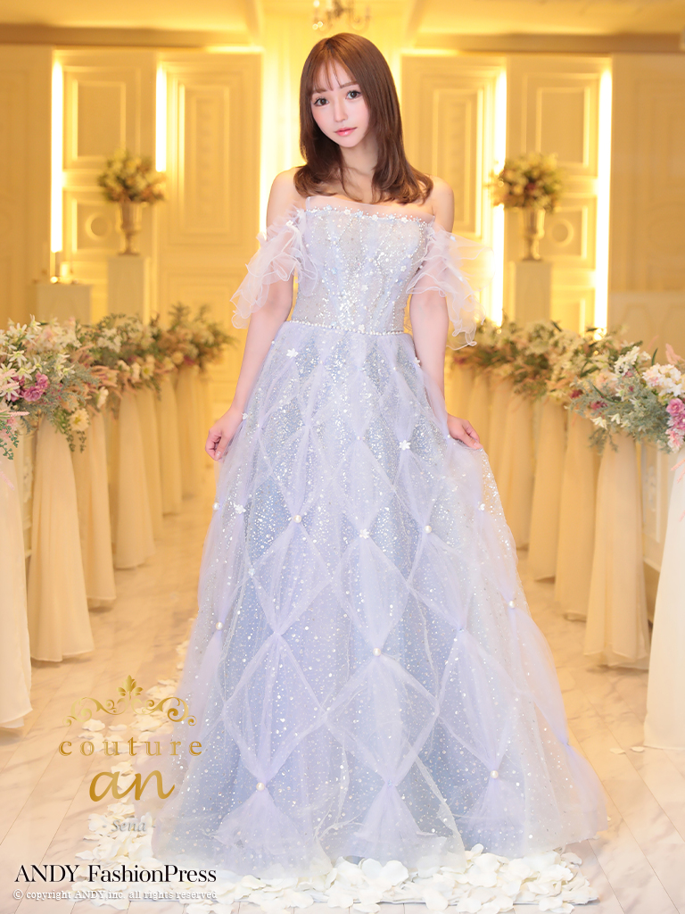 【取り寄せ商品】couturean クチュールアン 高級 オフショルダー ビジュー チュール フリル バースデー Aライン ロング キャバドレスの画像