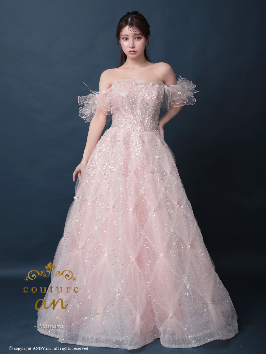 【取り寄せ商品】couturean クチュールアン 高級 オフショルダー ビジュー チュール フリル バースデー Aライン ロング キャバドレスの画像
