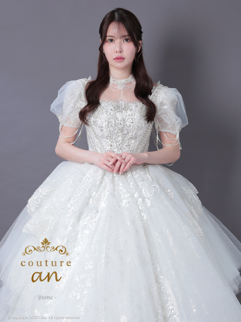 【取り寄せ商品】couturean クチュールアン 高級 半袖 ビジュー 刺繍 レース パフスリーブ シアー フリル チョーカー バースデー フレア ロング キャバドレスの画像