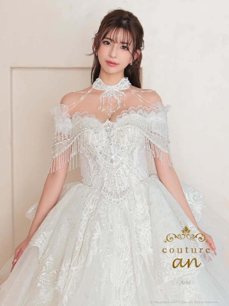【取り寄せ商品】couturean クチュールアン 高級 オフショルダー ビジュー 刺繍 レース チョーカー フリル バースデー フレア ロング キャバドレスの画像