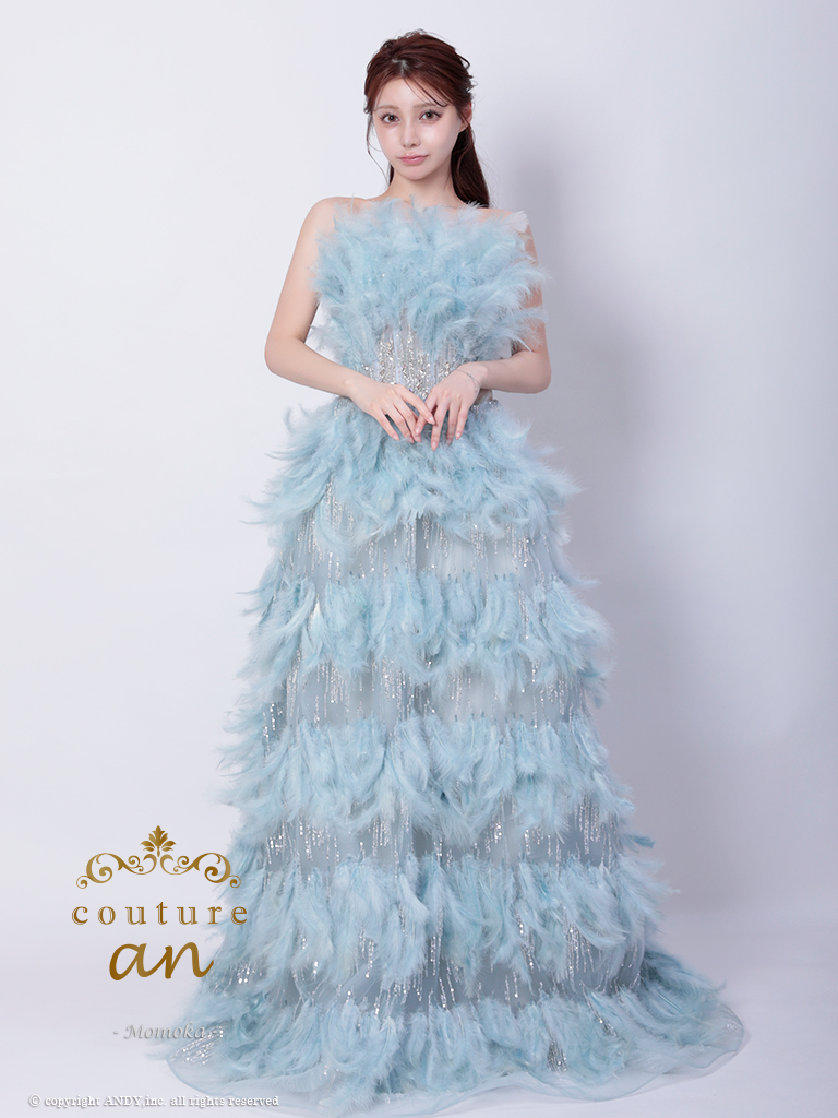 【取り寄せ商品】couturean クチュールアン 高級 ベアトップ フェザー ビジュー スパンコール ラメ バースデー Aライン キャバドレスの画像