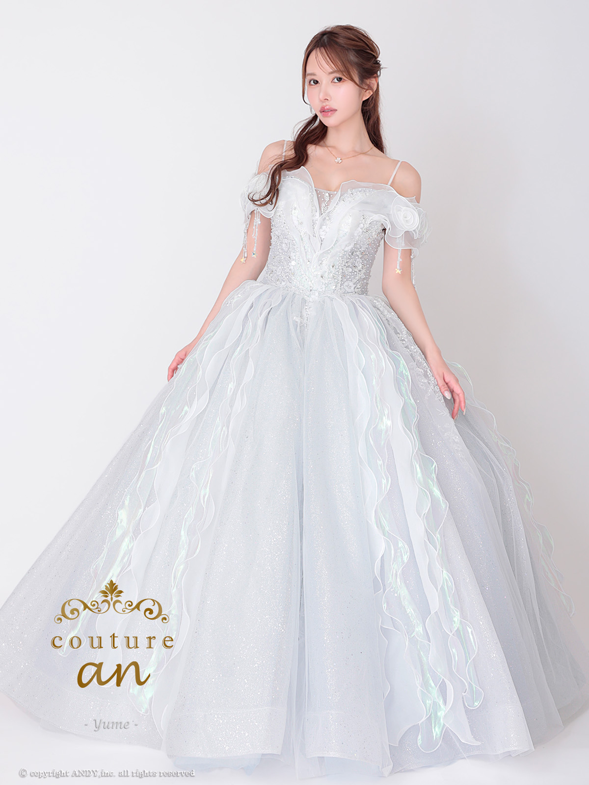 【取り寄せ商品】couturean クチュールアン 高級 肩あき ビジュー パール ラメチュール オーガンジー バースデー Aラインロングドレスの画像