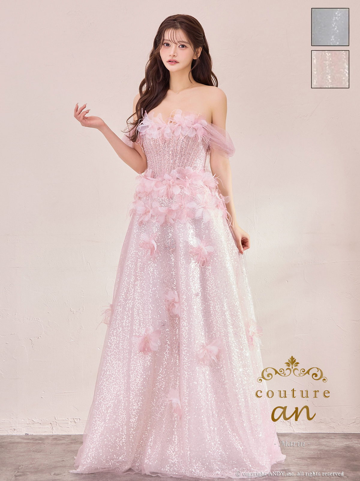 【取り寄せ商品】couturean クチュールアン 高級 2way ベアトップ フラワー ラメ バースデー Aライン ロング キャバドレスの画像