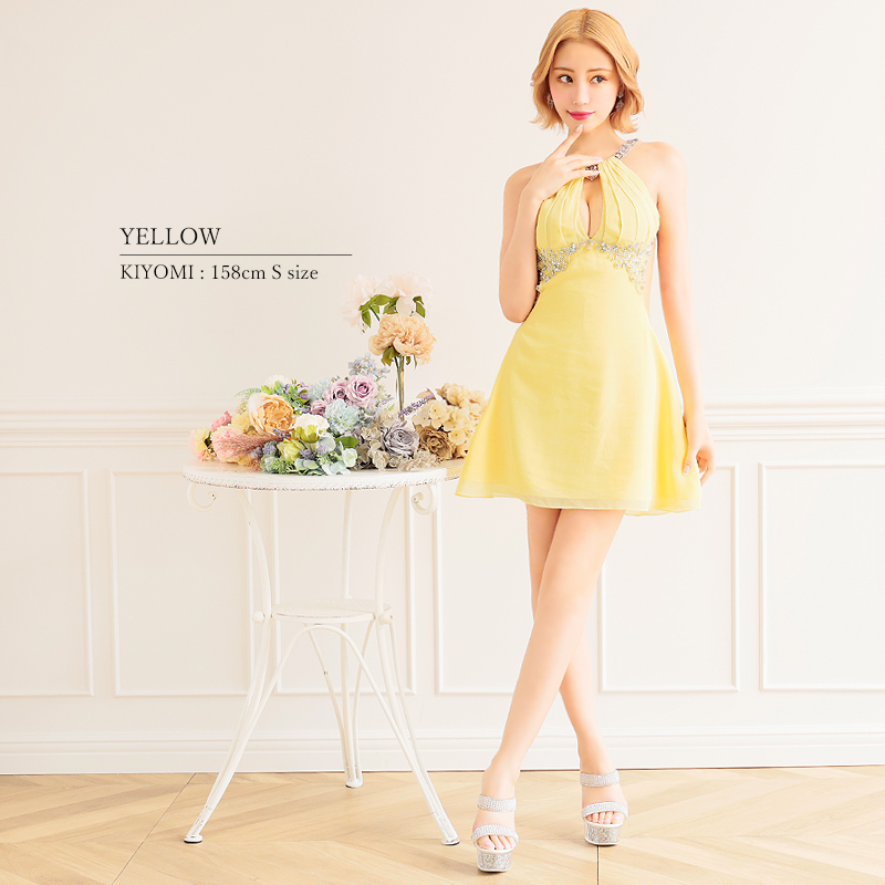 【取り寄せ商品】Angel-R エンジェルアール 高級 ホルターネック くびれ シアー ビジュー バストカット フレアミニドレスの画像