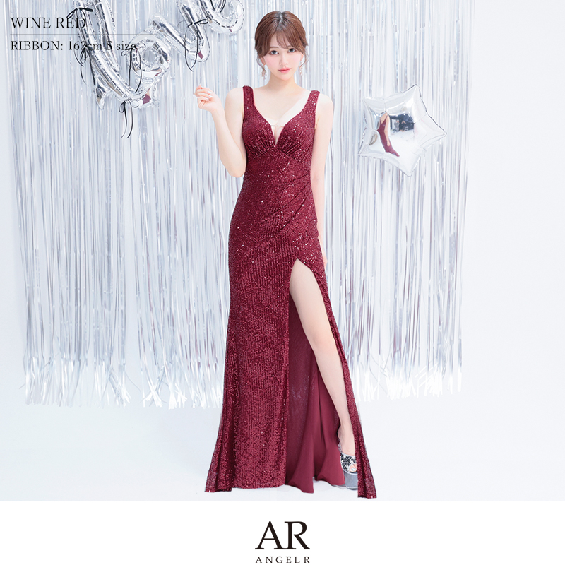 【取り寄せ商品】Angel-R エンジェルアール 高級 オール スパンコール ウエストタック スリット ノースリーブ タイト ロングドレス