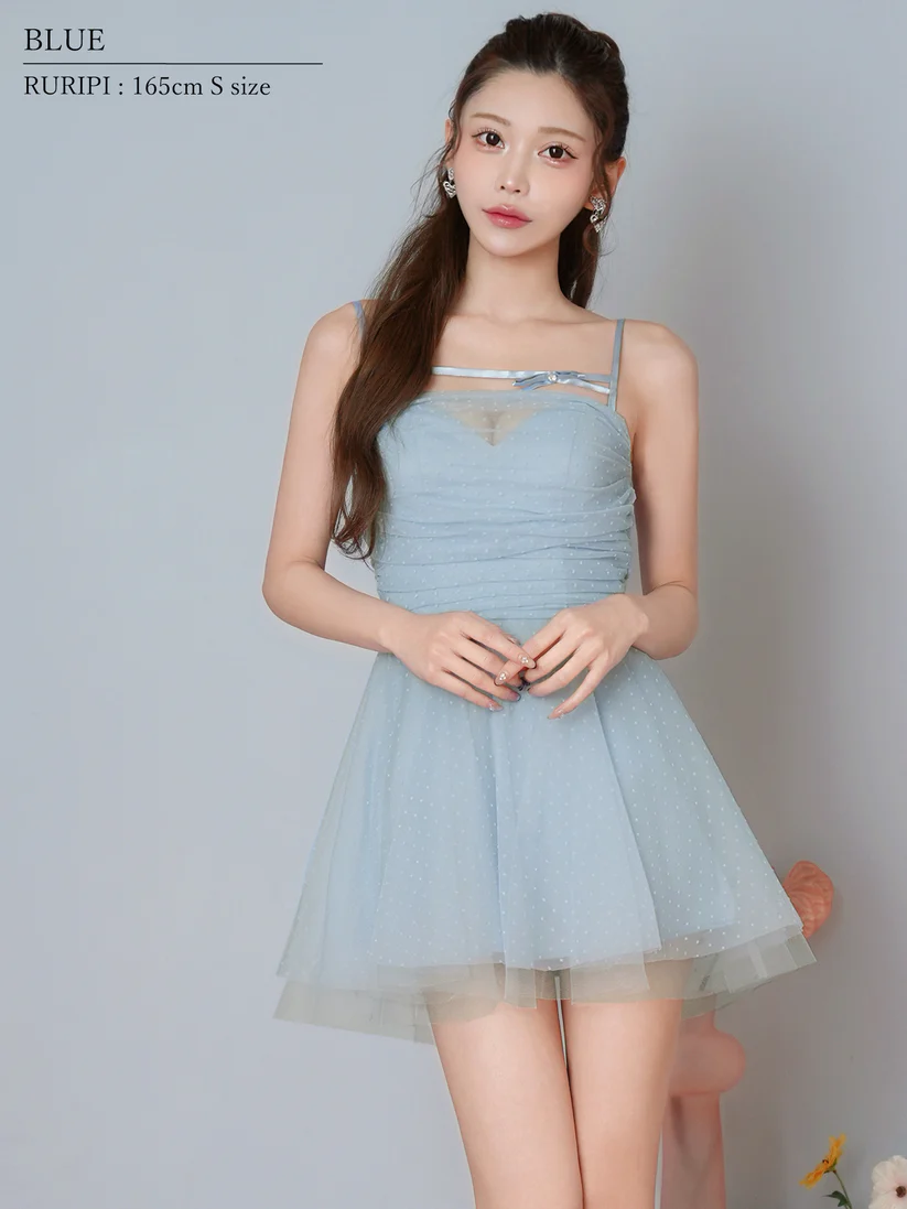 【取り寄せ商品】Angel-R エンジェルアール 高級 ブランド Aラインミニドレス キャミソール ワンピース 谷間 シースルー リボン ドット柄 チュール サテンの画像