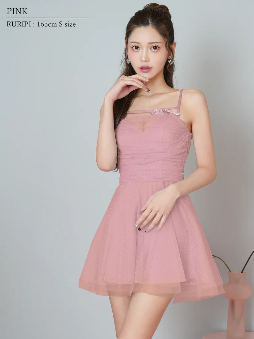 【取り寄せ商品】Angel-R エンジェルアール 高級 ブランド Aラインミニドレス キャミソール ワンピース 谷間 シースルー リボン ドット柄 チュール サテンの画像