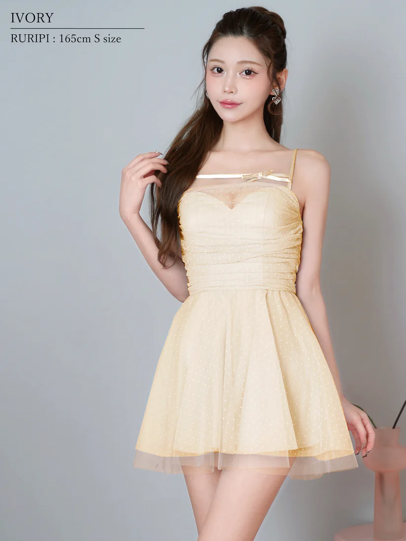 【取り寄せ商品】Angel-R エンジェルアール 高級 ブランド Aラインミニドレス キャミソール ワンピース 谷間 シースルー リボン ドット柄 チュール サテンの画像