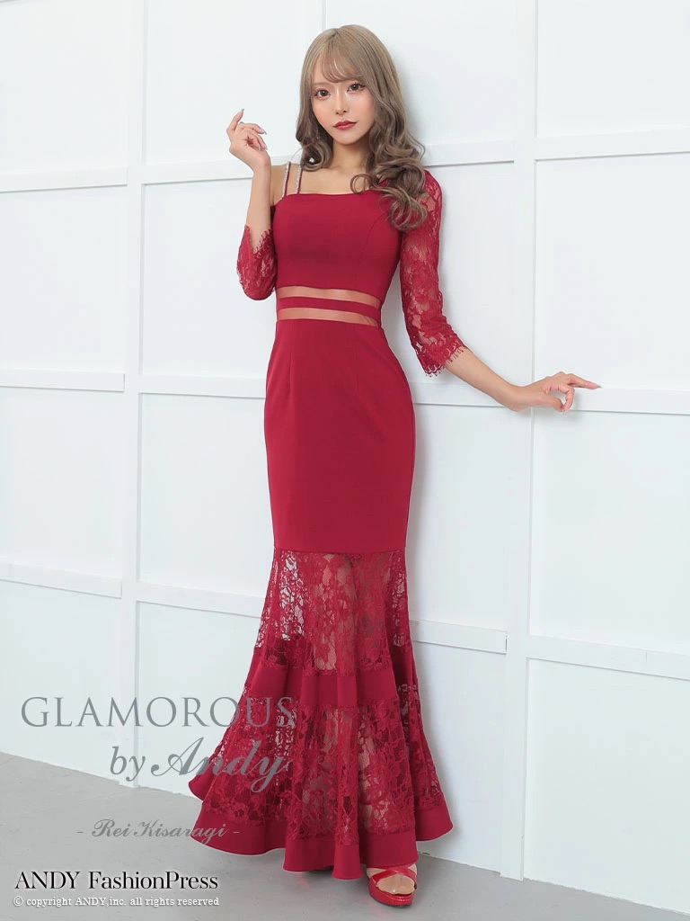 Andy GLAMOROUS/アンディグラマラス　総レースマーメイドドレス GLAMOROUS/グラマラス】Vネック スリット レース シアー 七分袖