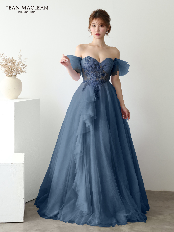 【取り寄せ商品】JEANMACLEAN ジャンマクレーン キャバドレス 高級 ベアトップ フリル袖 2way 刺繍 ワンカラー バストカット チュール フレア ロングドレスの画像