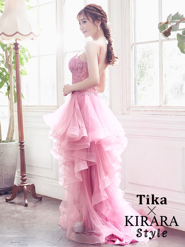 キャバ ドレス キャバドレス ロング 前ミニ 小さい Tika USA L.Aインポートドレス 明日花キララ ビジュー付き ふんわり  チュールロングテールドレス ピンク XS S
