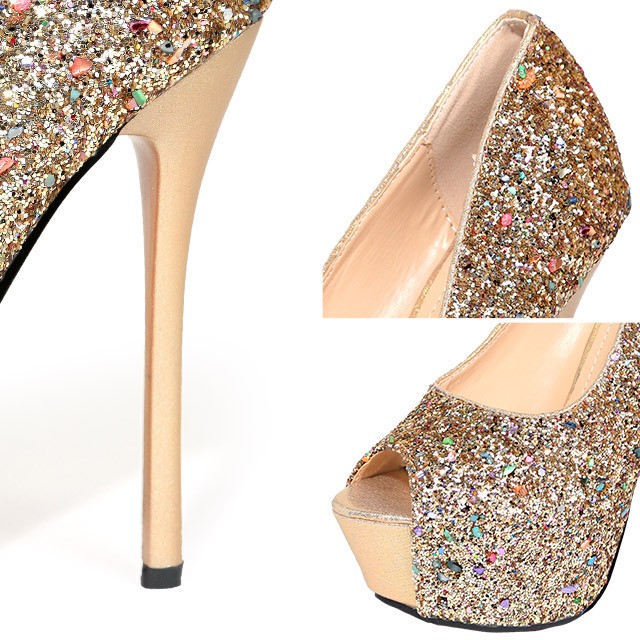 Tika キャバ パンプス ゴールド 14cm ハイヒール 厚底 キラキラ