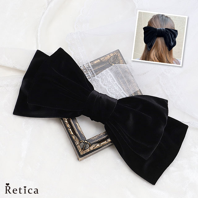 Retica リボン バレッタ ベロア ヘアクリップ ブラック 黒