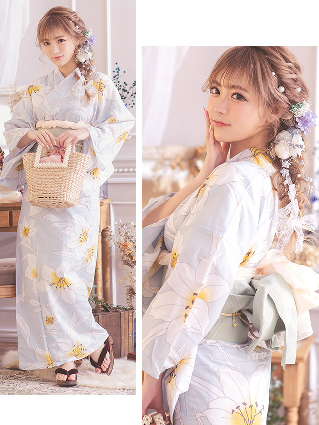 浴衣 Ｒちゃん着用 作り帯 ヘアアクセ 扇子 4点セット 即日発送可能 Rちゃんが着る♡ひんやりソルベカラーが彩る大人モダン浴衣