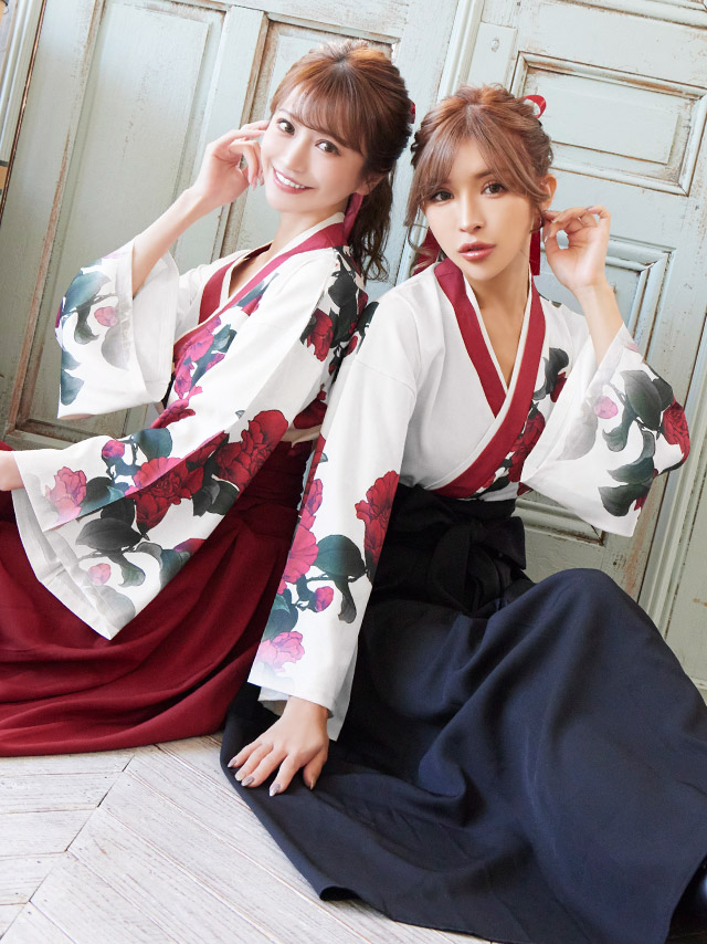コスプレ衣装 袴衣装 花柄 ロング丈 着物 3点セット トップス 袴