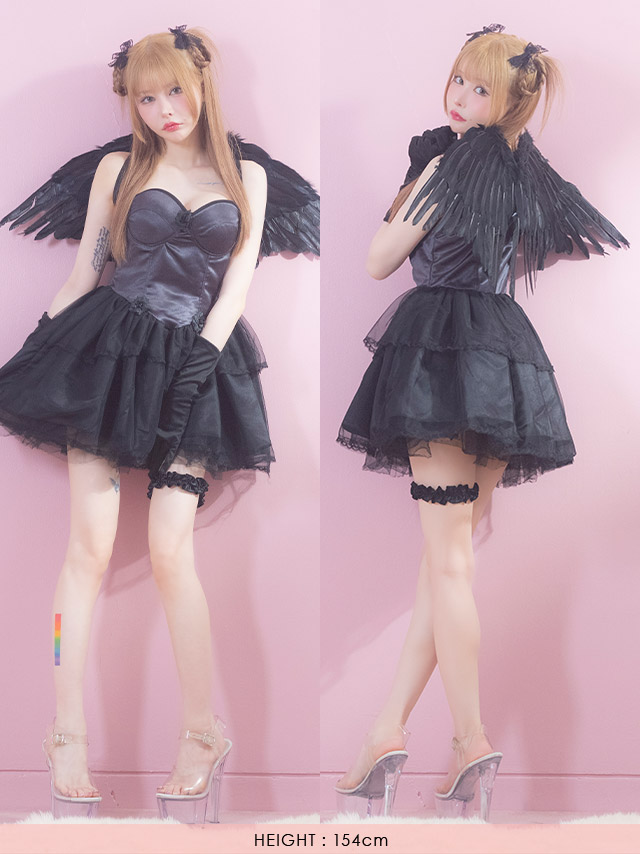 DustDevil【ダストデビル】デビルファーレイヤードスカートSET/ ハロウィン コスプレ 羽付き フレアスカート ブラック セクシー