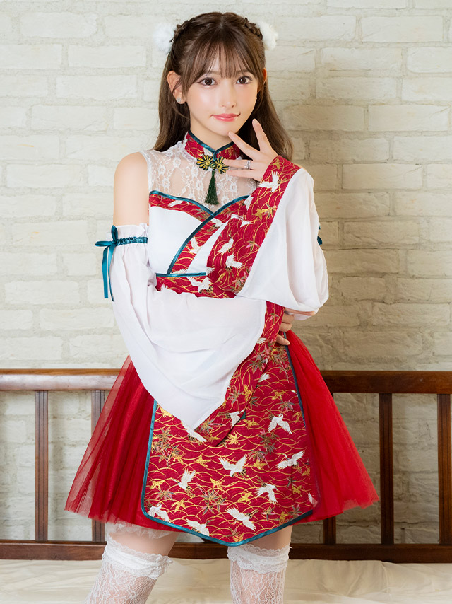 Tika コスプレ 衣装 付け袖あり フレアスカート 体型カバー 鶴柄