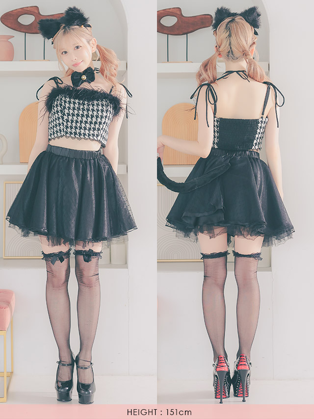 Tika ハロウィンコスプレ フェザー付き へそ出し 千鳥柄 Tika ハロウィンコスプレ フェザー付き へそ出し 千鳥柄