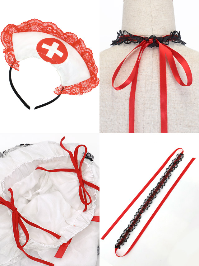 Sugar ナースレースセットアップ【コスプレ6点セット Sサイズ　白 Tika（ティカ） ナース服 コスプレ へそ出し レースアップ トップス