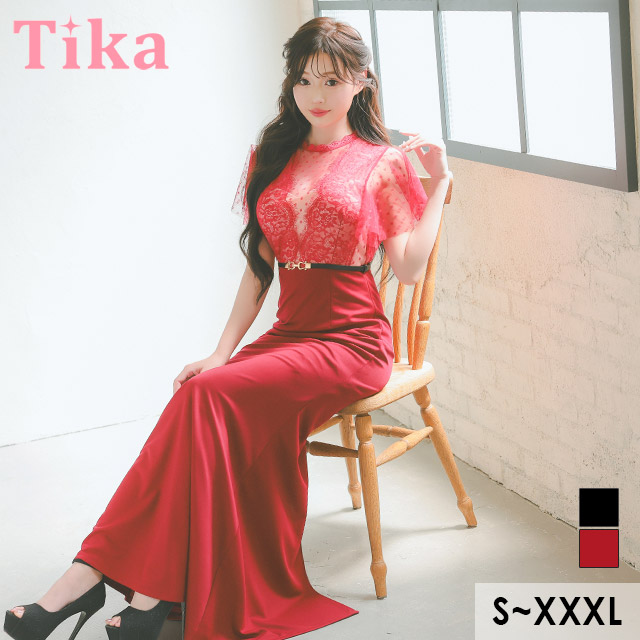 Tika★　キャバドレス　ロングタイトドレス　大きいサイズ3XL　レッド　レース Tika☆ キャバドレス ロングタイトドレス 大きいサイズ3XL