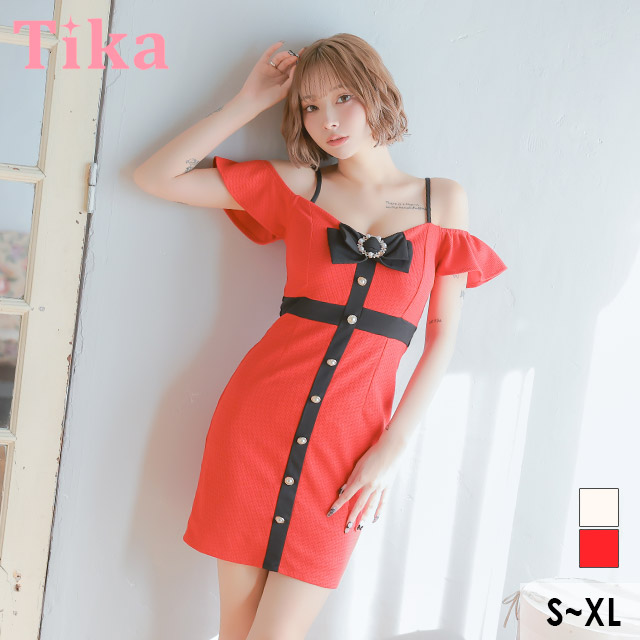 キャバ ドレス 肩あき パイピングフロント ボタン タイト ミニドレス キャバドレス 赤 xl