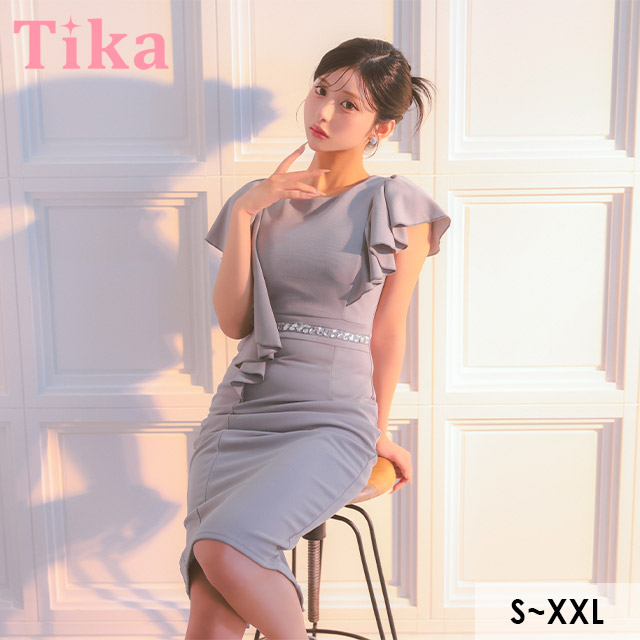 Tika（ティカ） キャバドレス タイト xl xxl フリル 袖 ミディアム丈
