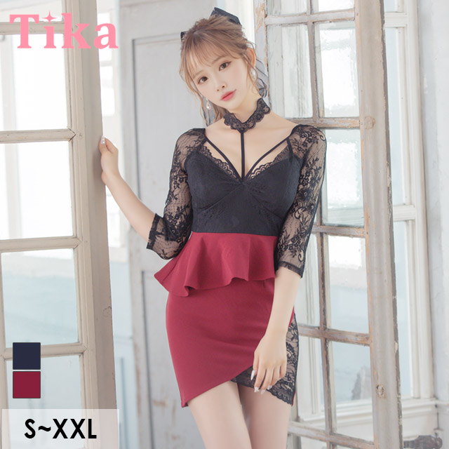 【値下げ】【タグ付き未使用品】ビジュー付き黒Vネック キャバドレス Tika キャバドレス 大きいサイズ ミニ タイト チョーカー フリル