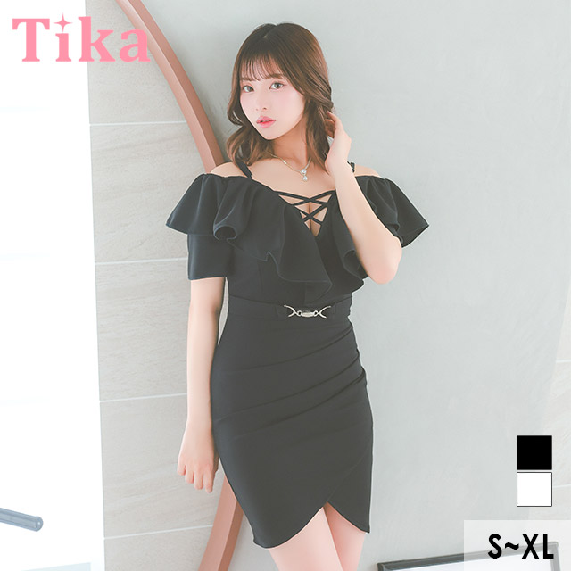 ブラック ミニタイトドレス myMinette ミニドレス オフショルダー ジップ タイト キャバ
