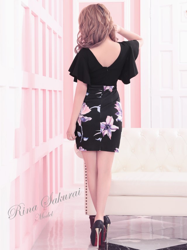 キャバ ドレス キャバドレス 大きいサイズ 白 黒 XL XXLサイズ 2l 3l クロスライン フレアスリーブ 花柄 タイトドレス ナイトドレス