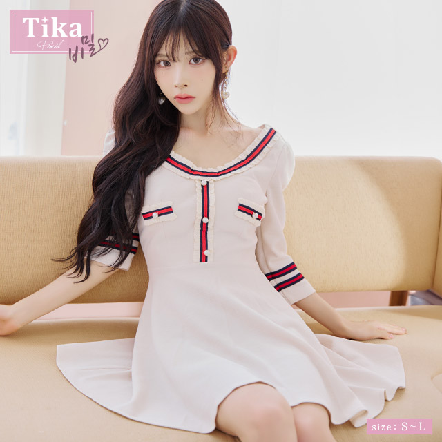 【韓国発】Aラインパステルミニキャバドレス Tika [TikaPimil] キャバドレス フレアドレス 袖あり 韓国