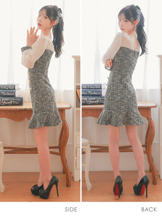 美ライン韓国ドレス＊Tika＊ビッグリボン付バイカラー長袖ドレスM 楽天市場】Tika 総レース×ハイネックミディアムドレス 韓国