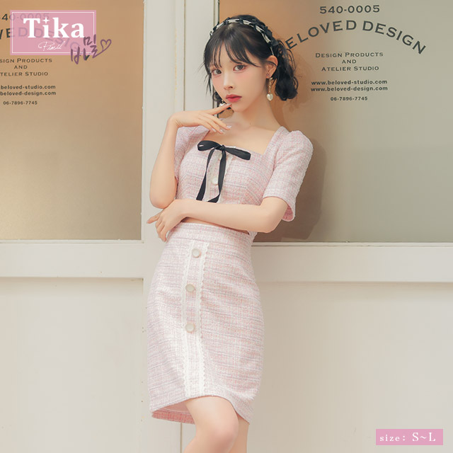ミニ丈 ワンピース 結婚式 ピンク ツイード ドレス 半袖 韓国 instock]【AIDMAX】ミニ/ドレス/ワンピース/ピンク/袖あり