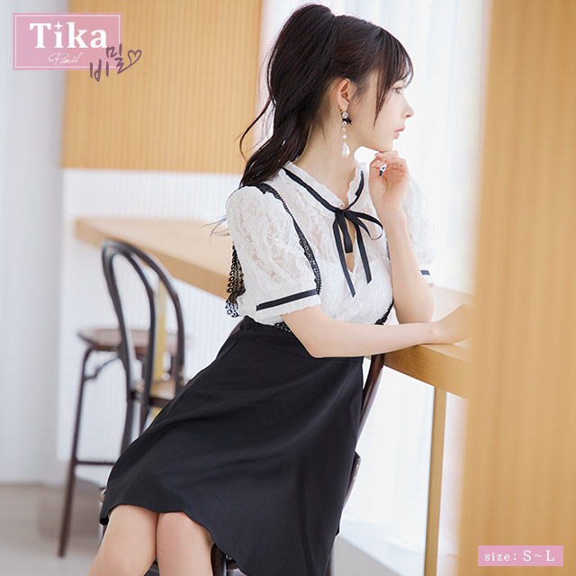 [TikaPimil] 韓国 キャバ ドレス 膝丈 半袖 aライン レース サスペンダー 風  大き...
