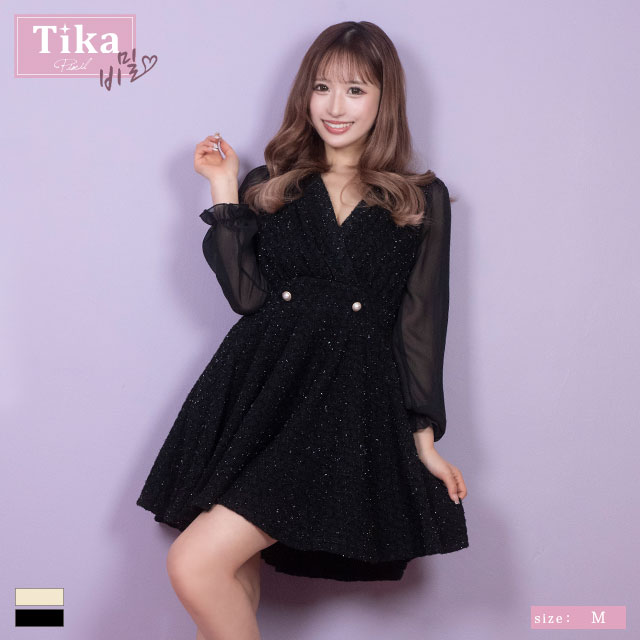 [TikaPimil] 韓国 ドレス キャバ 長袖 シフォン ミニワンピ フレア ミニドレス アイボ...