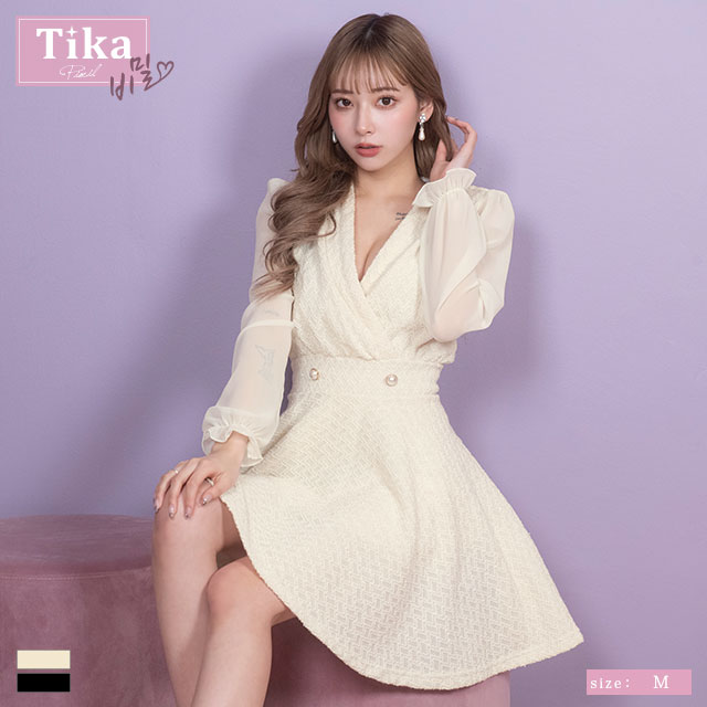 [TikaPimil] 韓国 ドレス キャバ 長袖 シフォン ミニワンピ フレア ミニドレス アイボ...