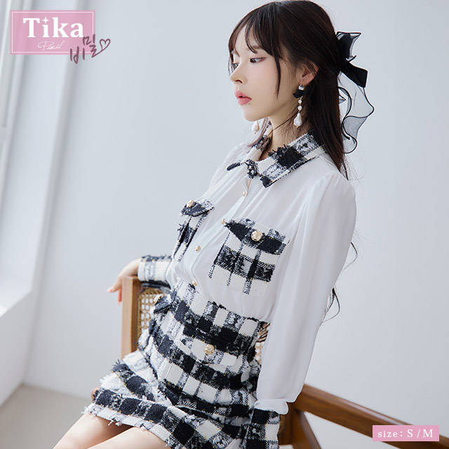 Tika [TikaPimil] キャバドレス 韓国 襟デザイン 長袖シアー ブラウス 