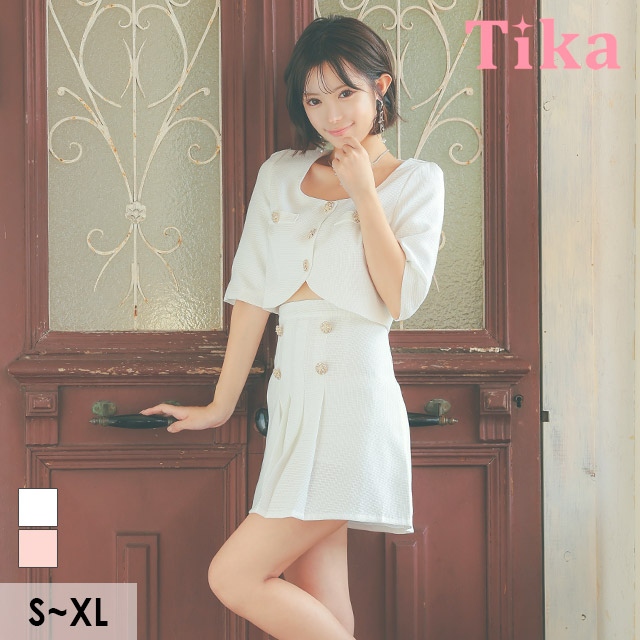 キャバスーツ ミニ ジャケット 袖あり ビジューボタン ワンカラー ツイードセット アッププリーツ フレア ミニドレス | Tika | 01