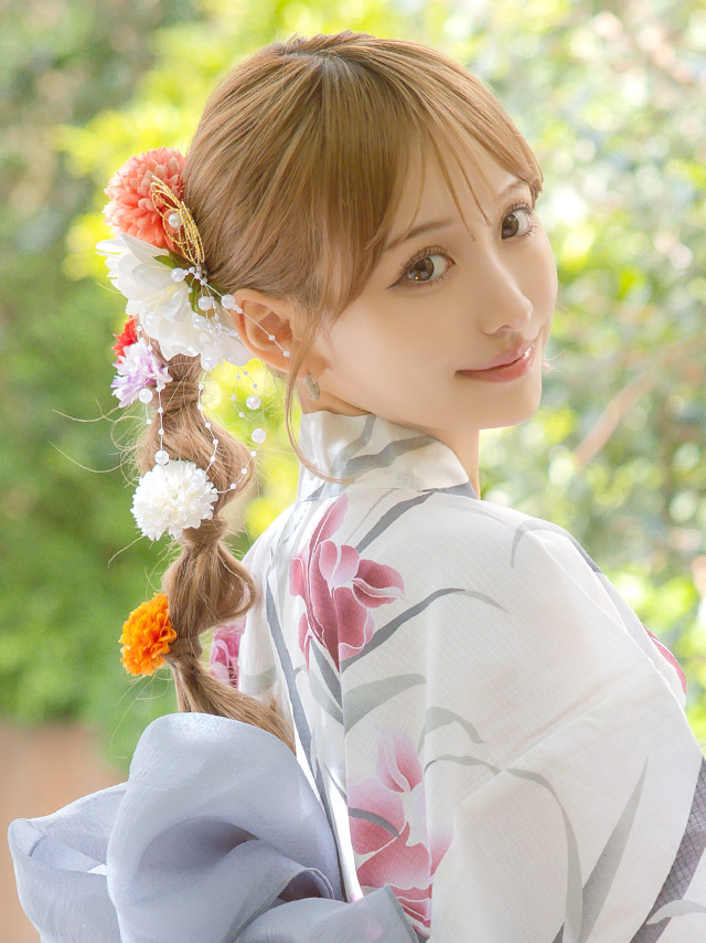 Perl様おまとめリクエスト ダリア 浴衣セット とシルバー4本髪飾り 即日発送】くすみカラー×パープルダリア浴衣【浴衣3点セット
