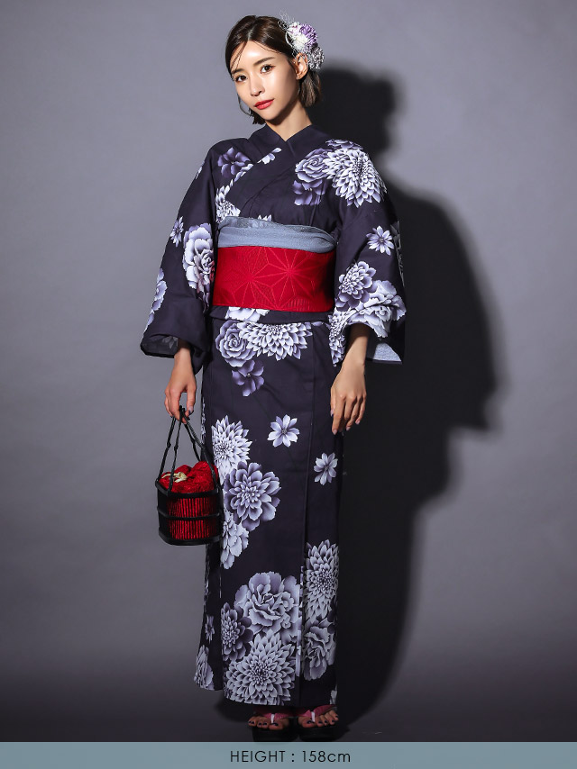 tika 浴衣3点(作り帯)セット 濃紺菖蒲柄浴衣3点セット レディース浴衣 作り帯[品番