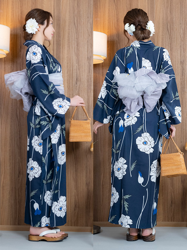 結城織　浴衣 Tika 浴衣 レディース 50代 フリーサイズ 白地 水彩フェザー